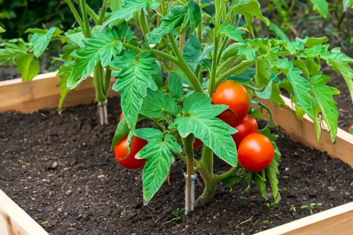 Tomate wächst im Hochbeet, KI generiert,