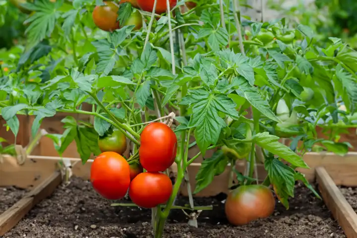 Tomate wächst im Hochbeet, KI generiert,