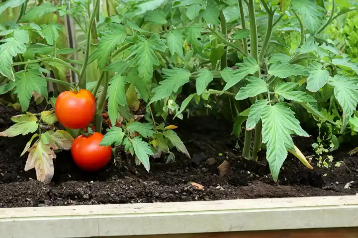 Tomato growing in raised bed, AI generated,