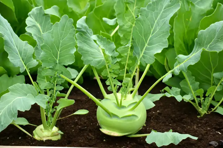 Kohlrabi grows in the raised bed, AI generated,
