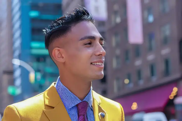 A young man with a tie in a yellow suit in the streets of New York City, AI generated,