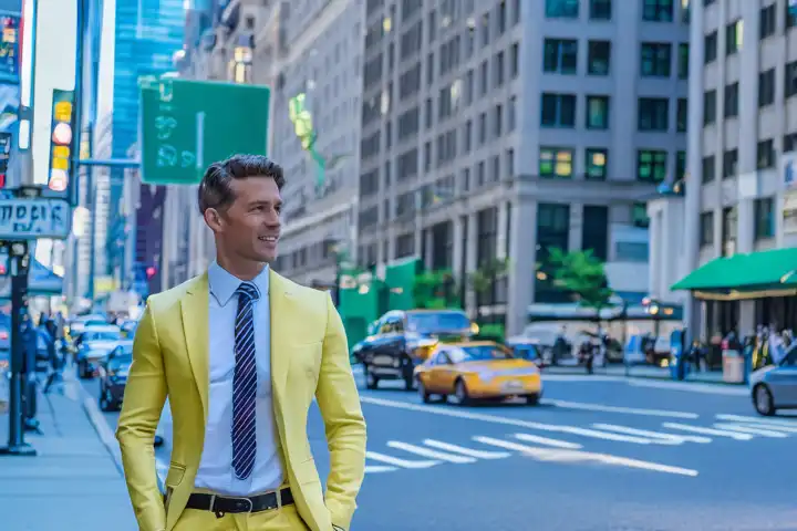 Ein junger Mann mit Schlips im gelben Anzug in den Straßen von New York City,  KI generiert,