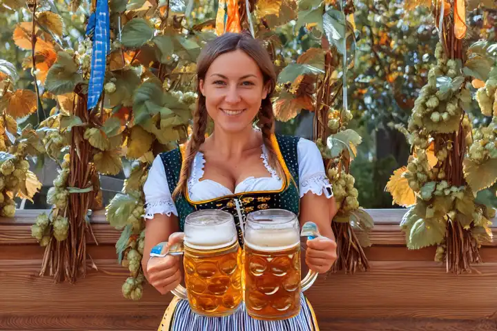 Frau hält auf dem Oktoberfest zwei Maß Bier in der Hand,  KI generiert,
