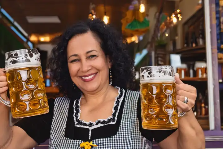 Woman holding two liters of beer at the Oktoberfest, AI generated,