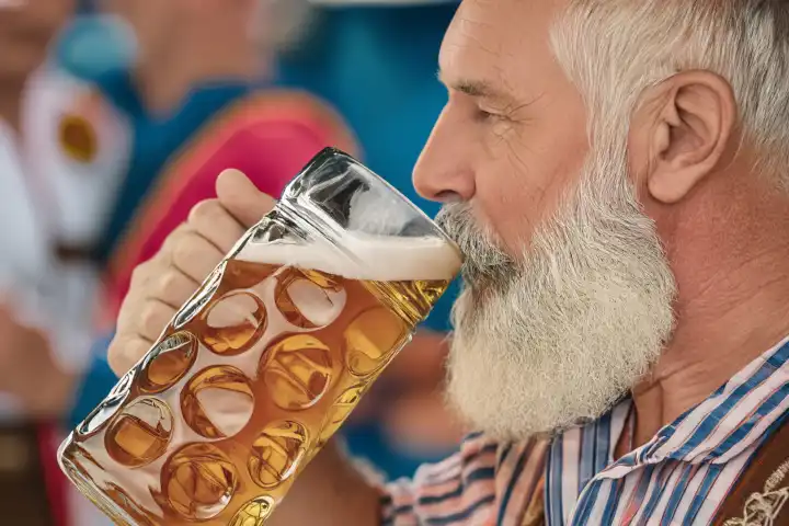 Mann hält auf dem Oktoberfest ein Maß Bier in der Hand,  KI generiert,