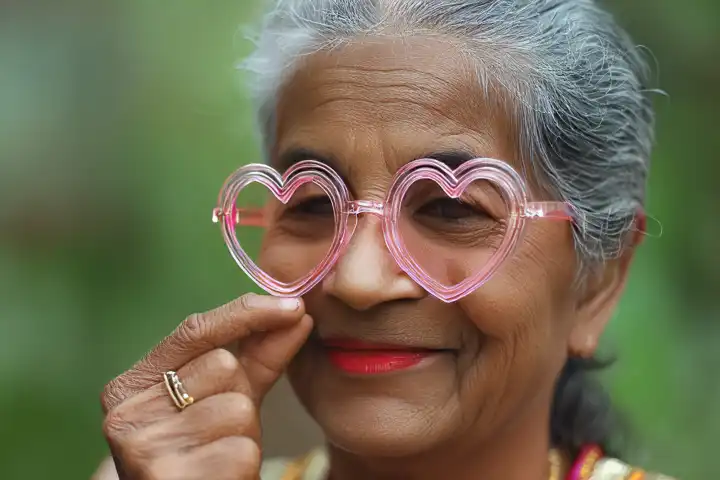 Alte Frau mit Herzenbrille,  KI generiert,
