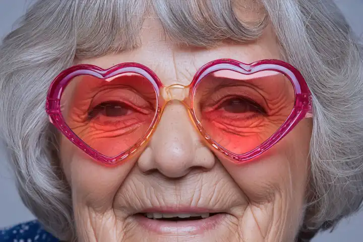 Alte Frau mit Herzenbrille,  KI generiert,