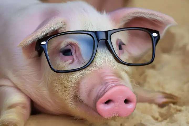 Schwein mit schwarzer Brille,  KI generiert,