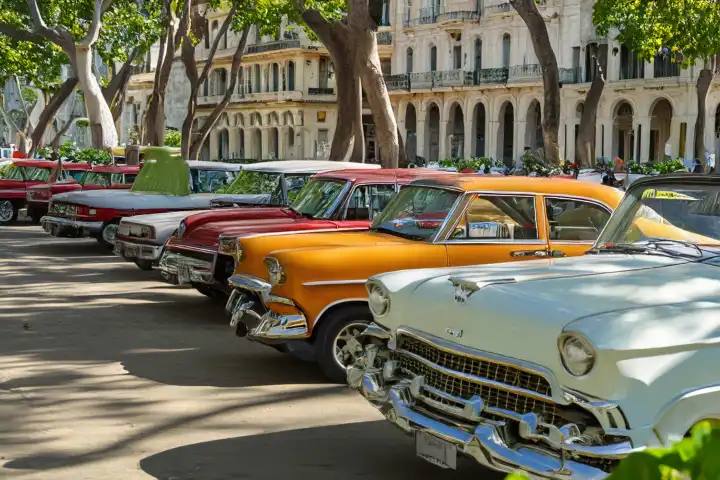 Amerikanische Oldtimer geparkt auf der Straße in der Nähe des Central Park in der Innenstadt von Havanna, Kuba,  KI generiert