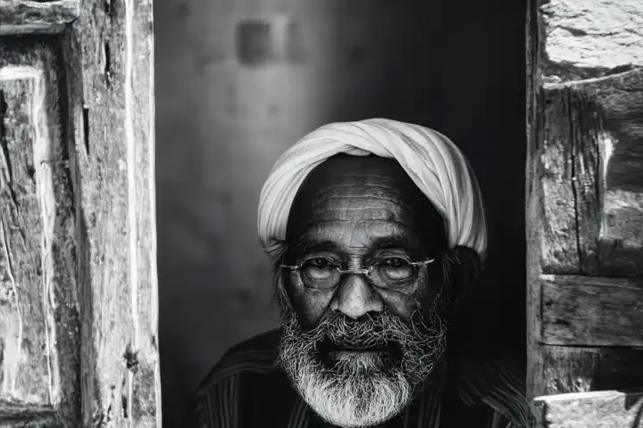 Khorog, Tadschikistan, Dunkles Foto des alten Mannes mit grauem Bart in Khorog, Tadschikistan. KI generiert
