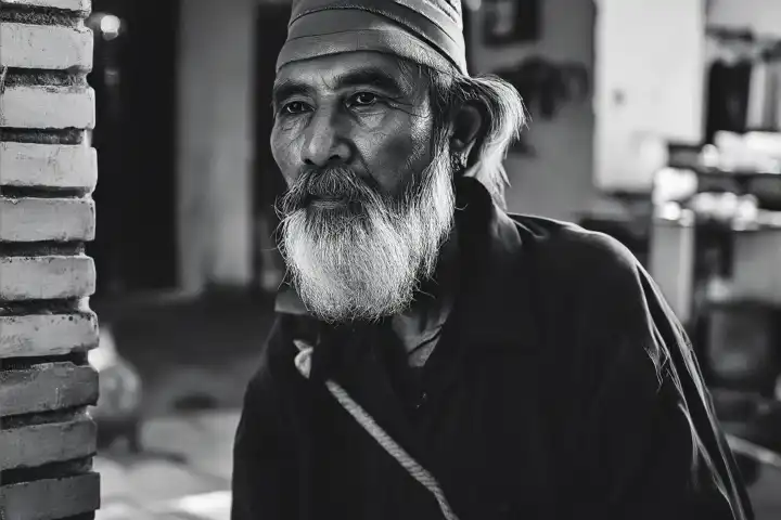 Khorog, Tadschikistan, Dunkles Foto des alten Mannes mit grauem Bart in Khorog, Tadschikistan. KI generiert