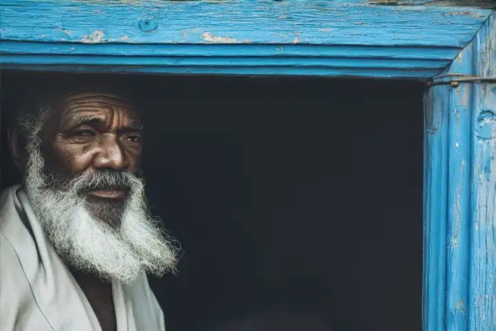 Khorog, Tadschikistan, farbiges Foto des alten Mannes mit grauem Bart in Khorog, Tadschikistan. KI generiert