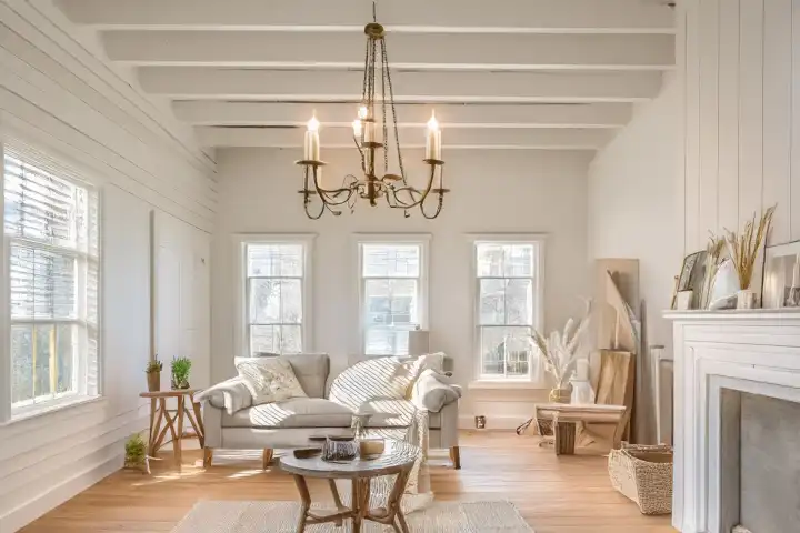 A farmhouse living room with shiplap, white beams and a chandelier, AI generated