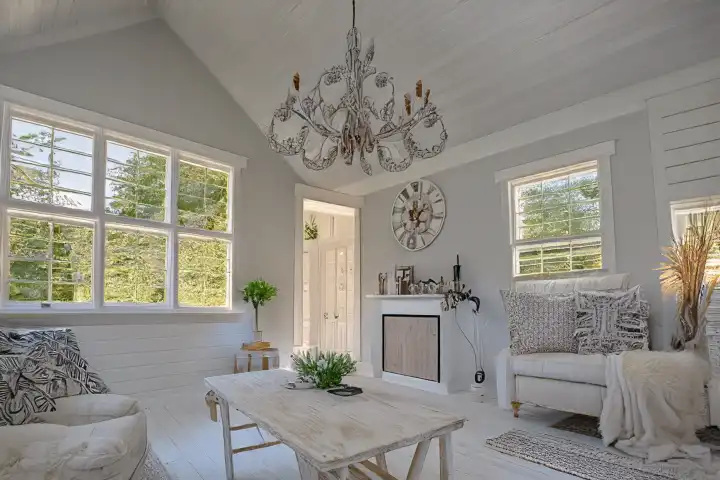 A farmhouse living room with shiplap, white beams and a chandelier, AI generated