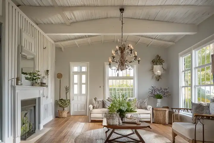 Ein Bauernhaus Wohnzimmer mit Shiplap, weißen Balken und einem Kronleuchter,  KI generiert