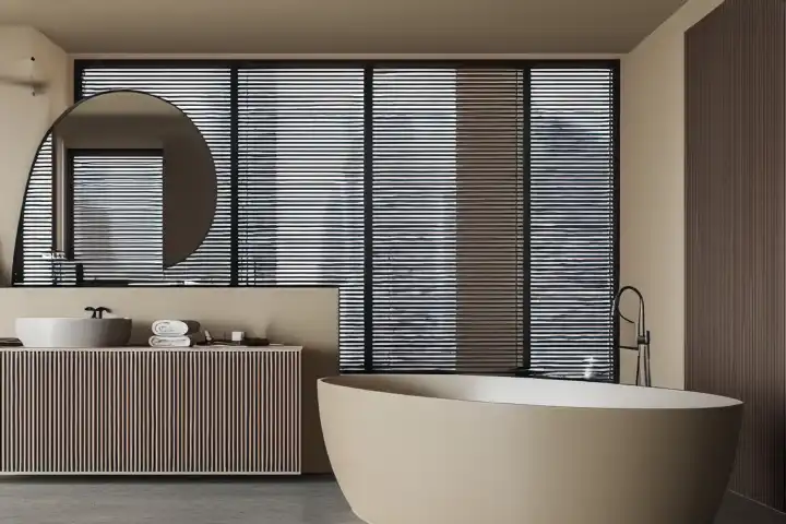 Beigefarbenes Badezimmer mit Badewanne,  KI generiert