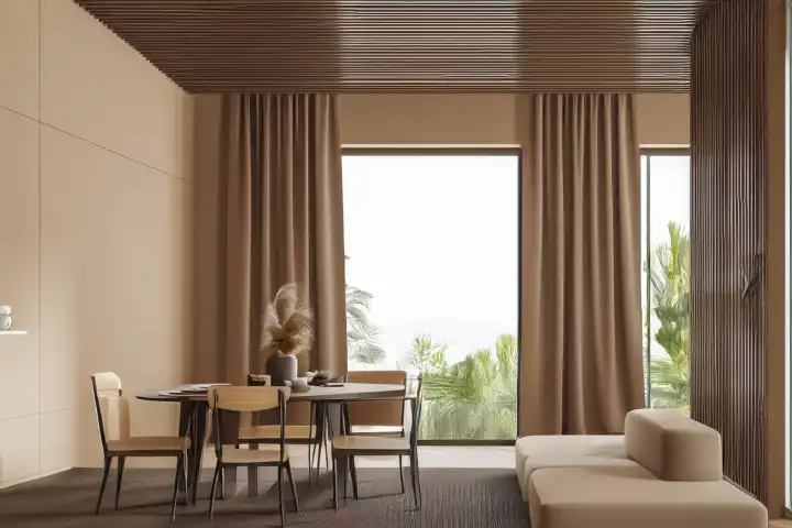 Beigefarbenes Wohnzimmer mit Esstisch und Ruhezone, Fenster, KI generiert