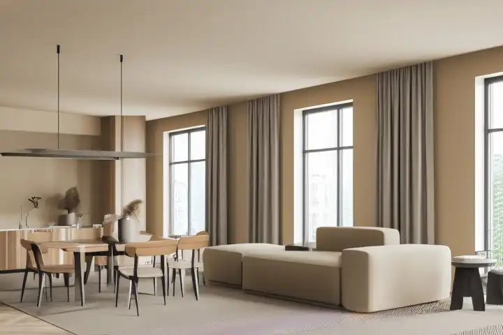 Beige living room with dining table and relaxation area, window, AI generated
