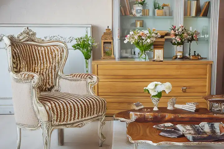 Home interior with vintage furniture, KI generated, generated with AI