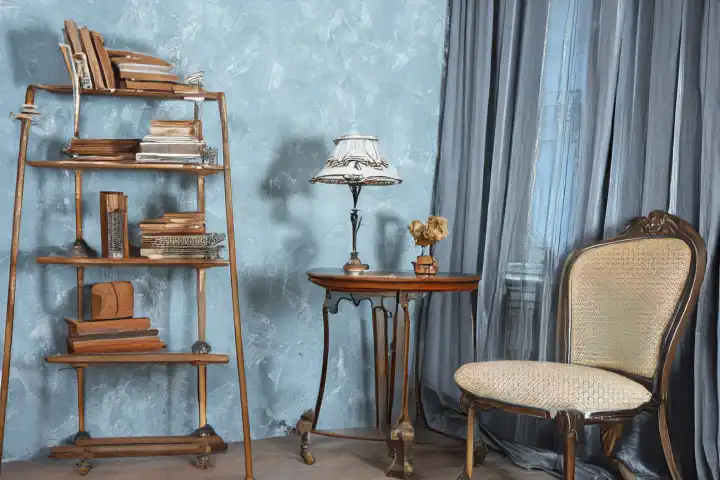 Home interior with vintage furniture, KI generated, generated with AI