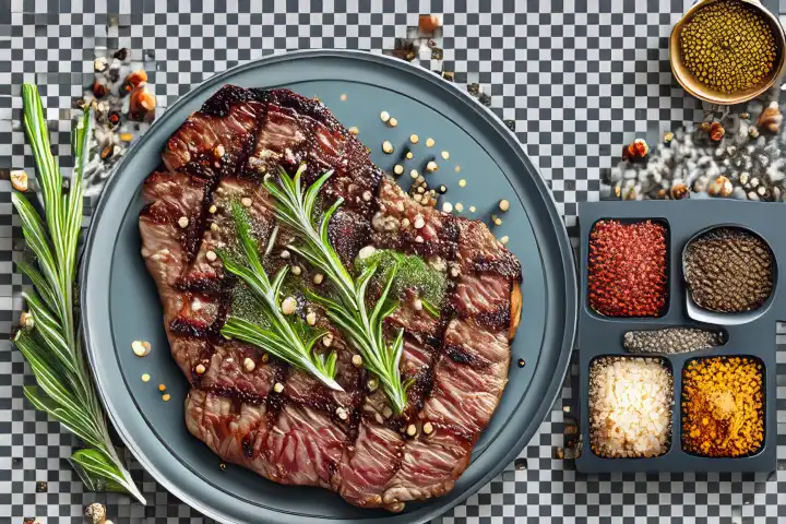 Gegrilltes Steak mit Rosmarin und Gewürzen, hyperrealistisch, hochdetailliert, isoliert auf transparentem Hintergrund, KI generiert