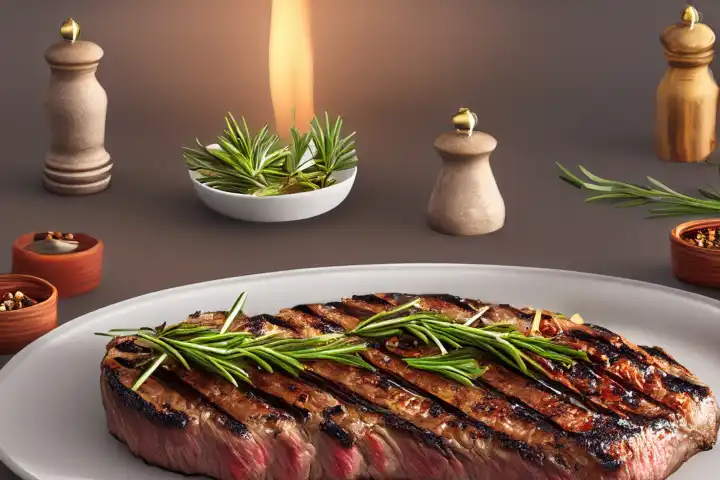 Gegrilltes Steak mit Rosmarin und Gewürzen, hyperrealistisch, hochdetailliert, isoliert auf transparentem Hintergrund, KI generiert