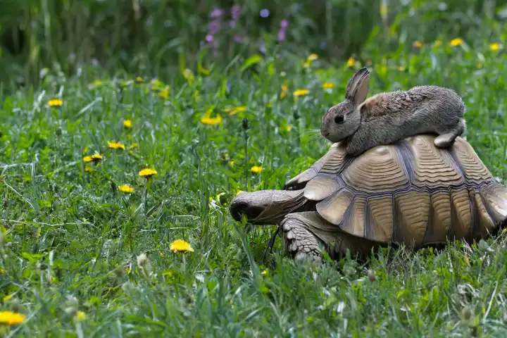 schnelle Schildkröte, die ein Kaninchen auf dem Rücken trägt, KI generiert,