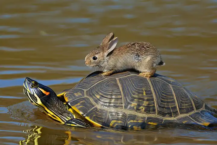 schnelle Schildkröte, die ein Kaninchen auf dem Rücken trägt, KI generiert,
