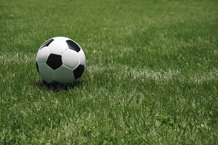 Fußball auf dem grünen Rasen, KI generiert,