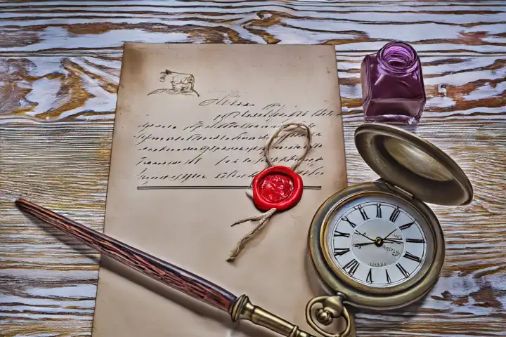 alten Brief mit Wachs-Dichtung, Vintage Federkiel, Uhr und Schlüssel,  KI generiert,