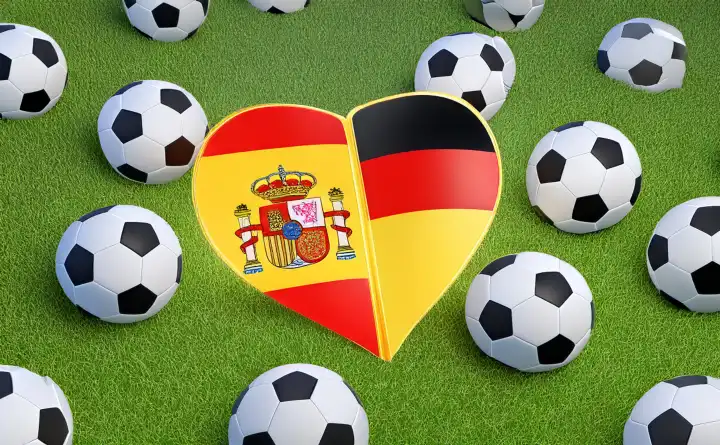 Spain and Germany flags on a heart with footballs around it, generated with AI