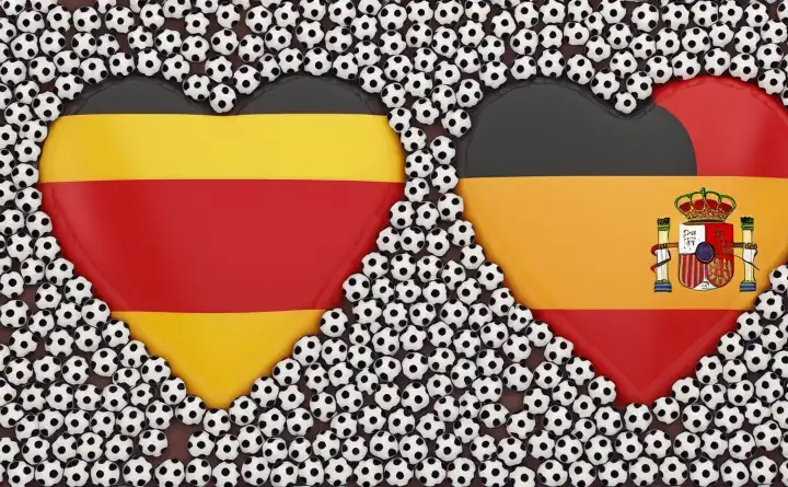 Spanien und Deutschland Flaggen auf einem Herz mit Fußbällen drum herum, generiert mit KI
