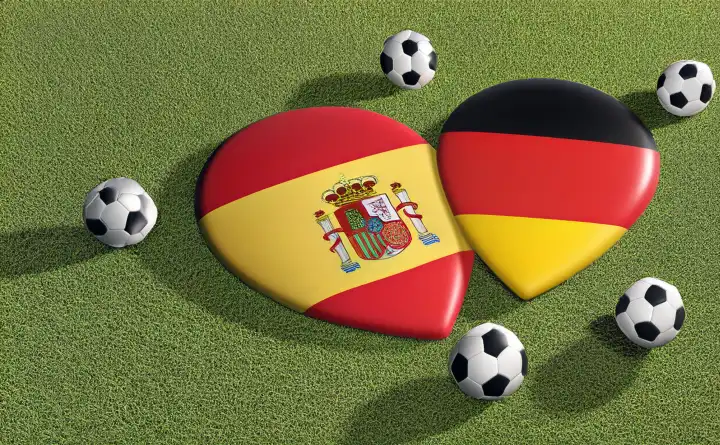 Spain and Germany flags on a heart with footballs around it, generated with AI