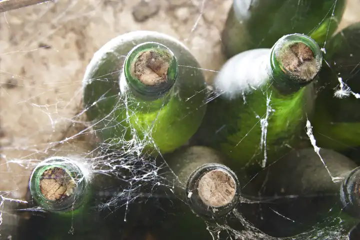 Weinflaschen mit Spinnenweben