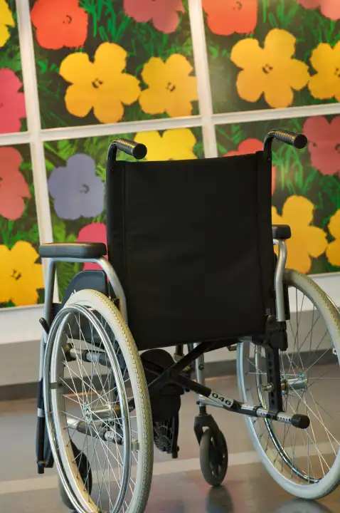wheelchair in front of flower wall