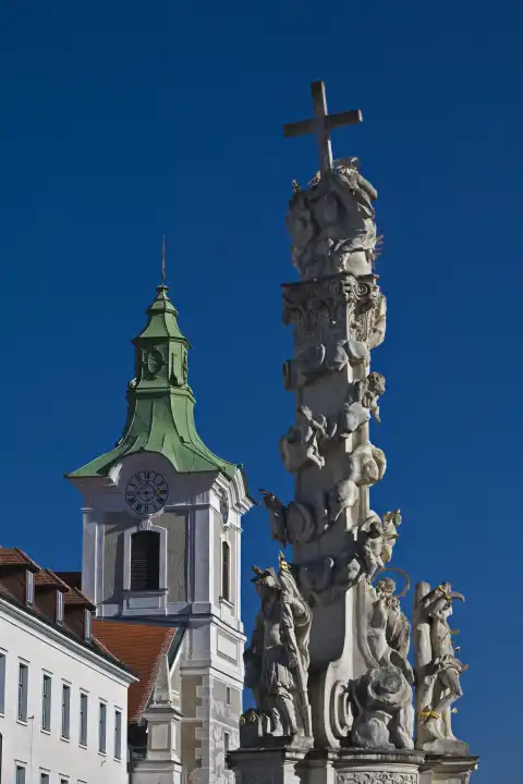 guildhall and Plague Column on the main square in Zwettl, Waldviertel Region, Lower Austria, Austria, Europe