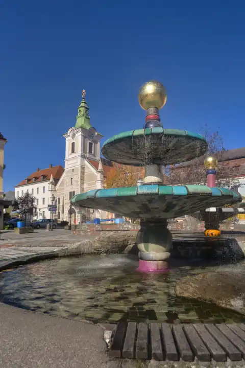 Hundertwasser fountain and guildhall in the old town of Zwettl, Waldviertel Region, Lower Austria, Austria, Europe