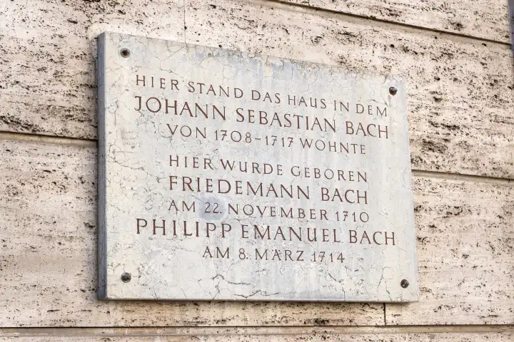 Gedenktafel, Hier stand das Wohnhaus des Komponisten Johann Sebastaian Bach in Weimar, Deutschland