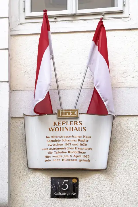 Information board, Johannes Kepler Wohnhaus, Linz, Upper Austria, Austria