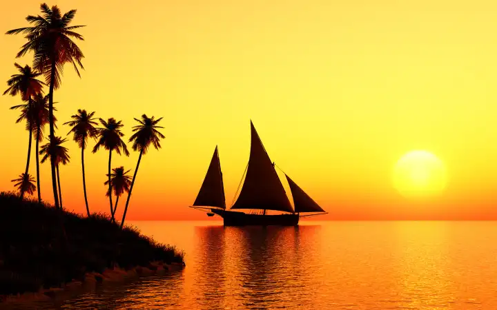 Ein Segelschiff im Sonnenuntergang