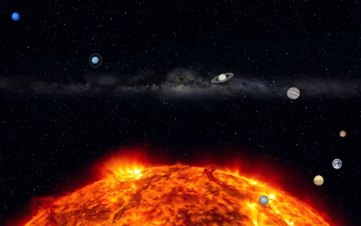 Unser Sonnensystem mit der Milchstrasse im Hintergrund