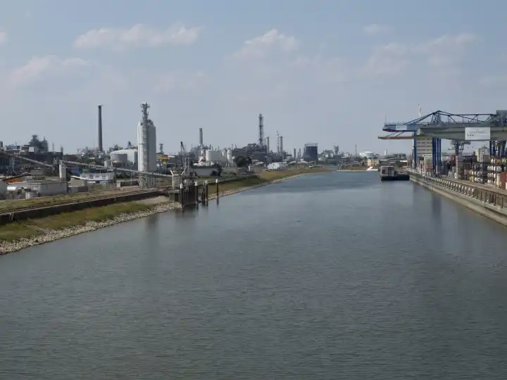 Mühlauhafen, rechts mit Containerterminal Mannheim, links BASF Ludwigshafen am Rhein, Rheinland-Pfalz, Baden-Württemberg, Deutschland, Europa
