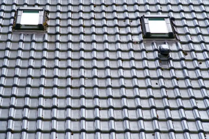 Roof with roof shingles and windows