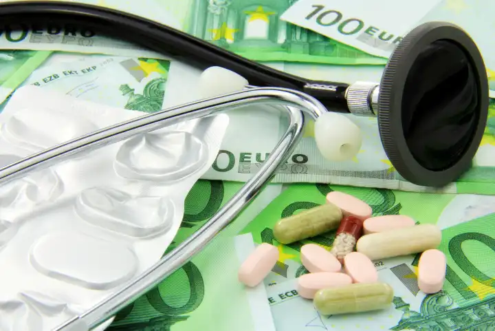 A concept of medicine, healthcare stethoscope, pills and paper money