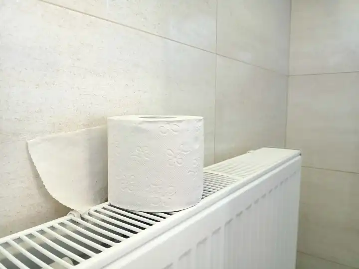 Roll of toilet paper on radiator in bathroom