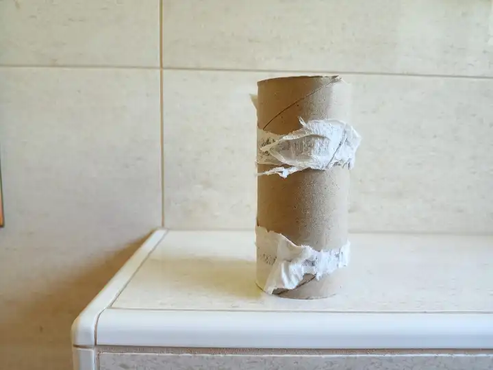 Leere gebrauchte rolle toilettenpapier auf wc