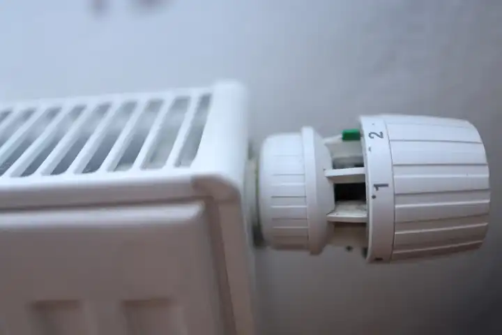 Radiator valve on a white radiator in a room.
