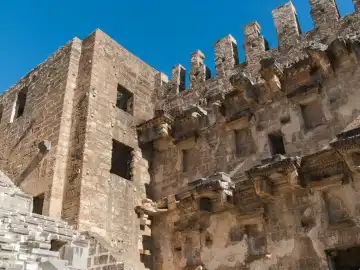 Roman theater of Aspendos Exterior facade of the stage building left with stairs