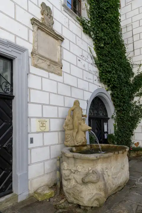 Der Neptunbrunnen und ein Wappenstein im Innenhof des Kernschlosses von Wasserschloss Mitwitz
