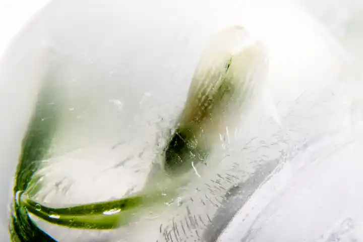Schneeglöcken in kristallklarem Eis